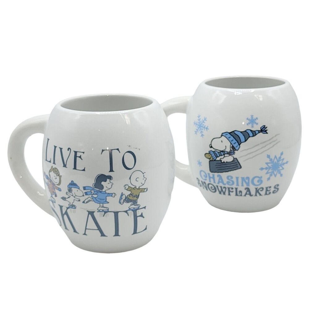 Peanuts Snoopy Set Of 2 Ceramic Coffee Mug Double Sided Winter Themed Design